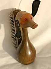 Rare Vtg MCM Wooden Teak? Red Jeweled Eye Dog Dachshund Shoe Lint Brush Spain