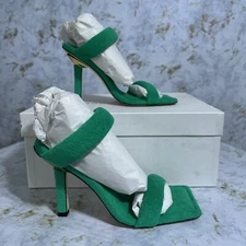 Good American Womens Sz 5.5M Shoes Green Terry Cloth Strappy Open Toe Event Heel