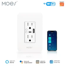 MOES WiFi Smart USB & Type C Wall Outlet Receptacle with Alexa Google APP Remote