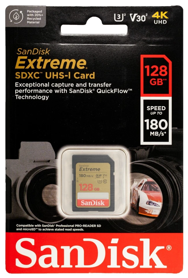 128GB Sandisk Extreme SD Memory Card SDXC UHS-I Class 10 V30 U3 4K up to 180MB/s - Image 2 of 4