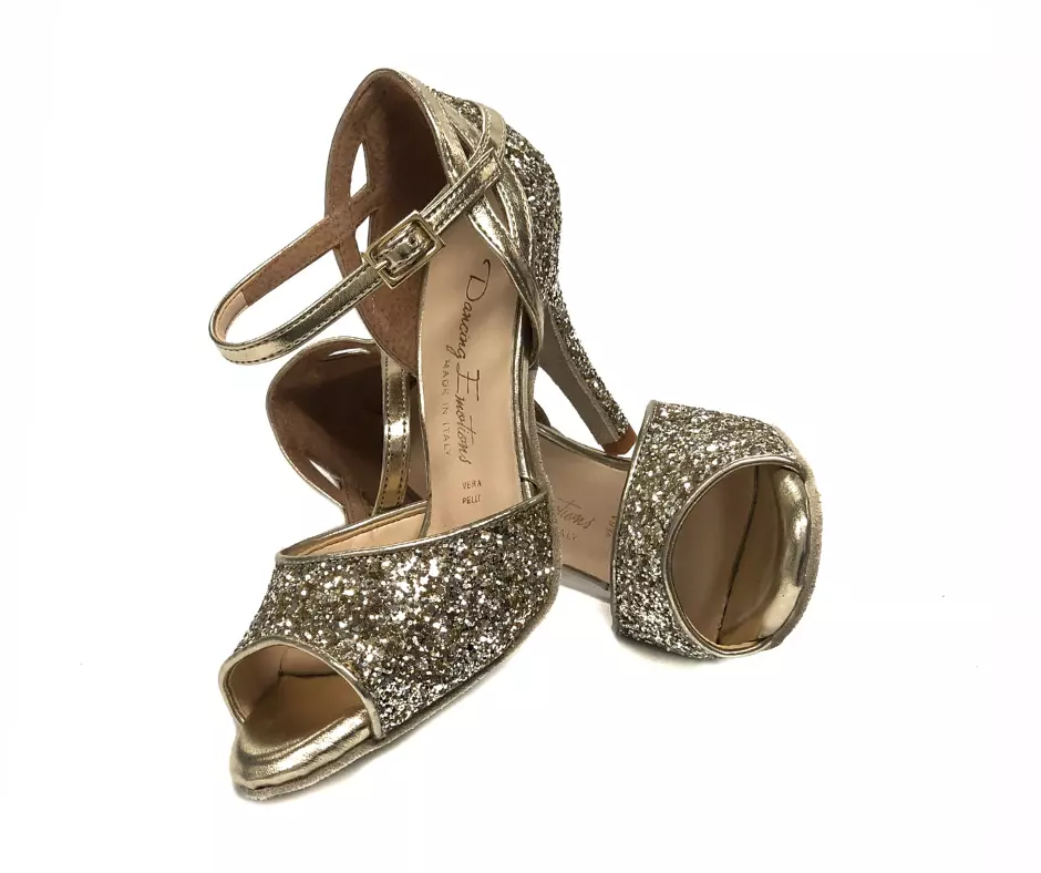 SCARPA DA BALLO DONNA SALSA LATINO TANGO IN GLITTER ORO TACCO 9 5