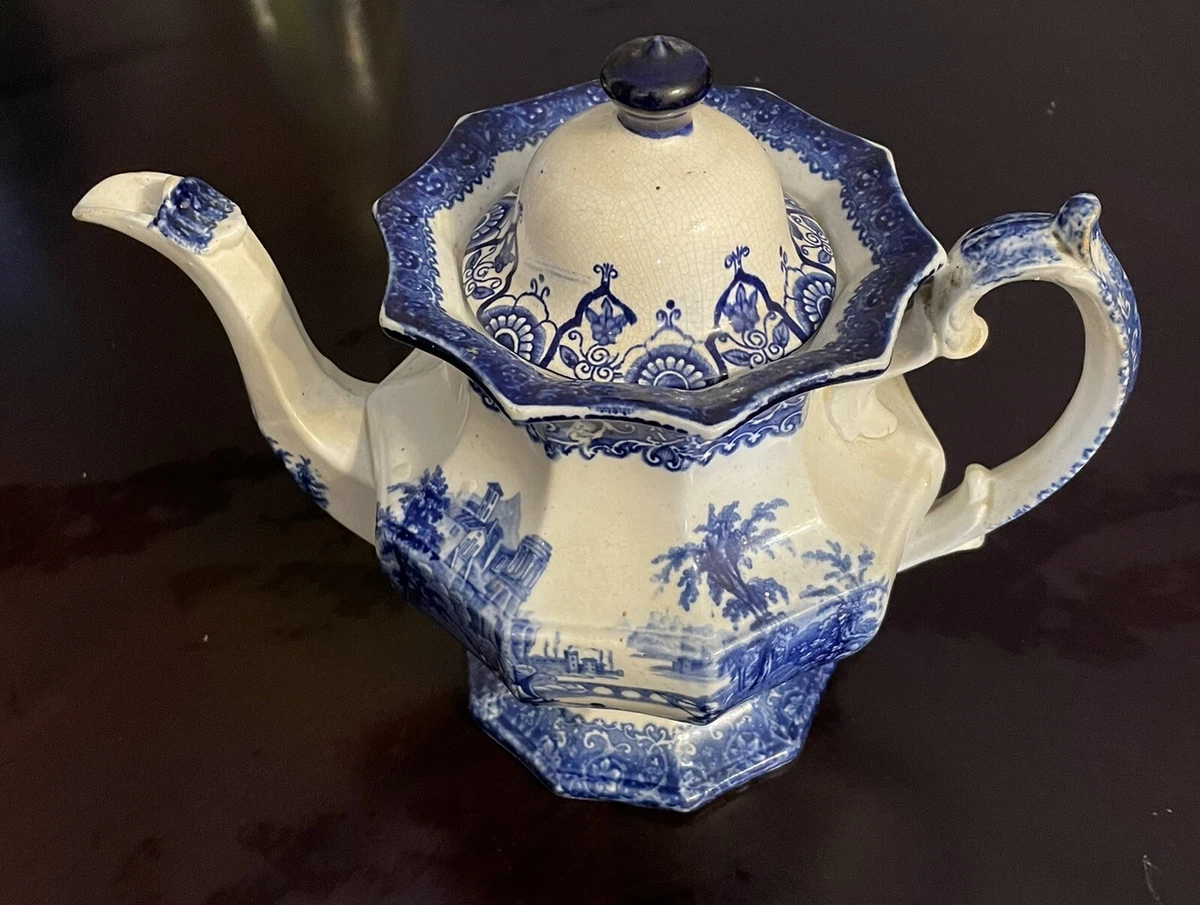 vintage blue and white china Tea Kettle