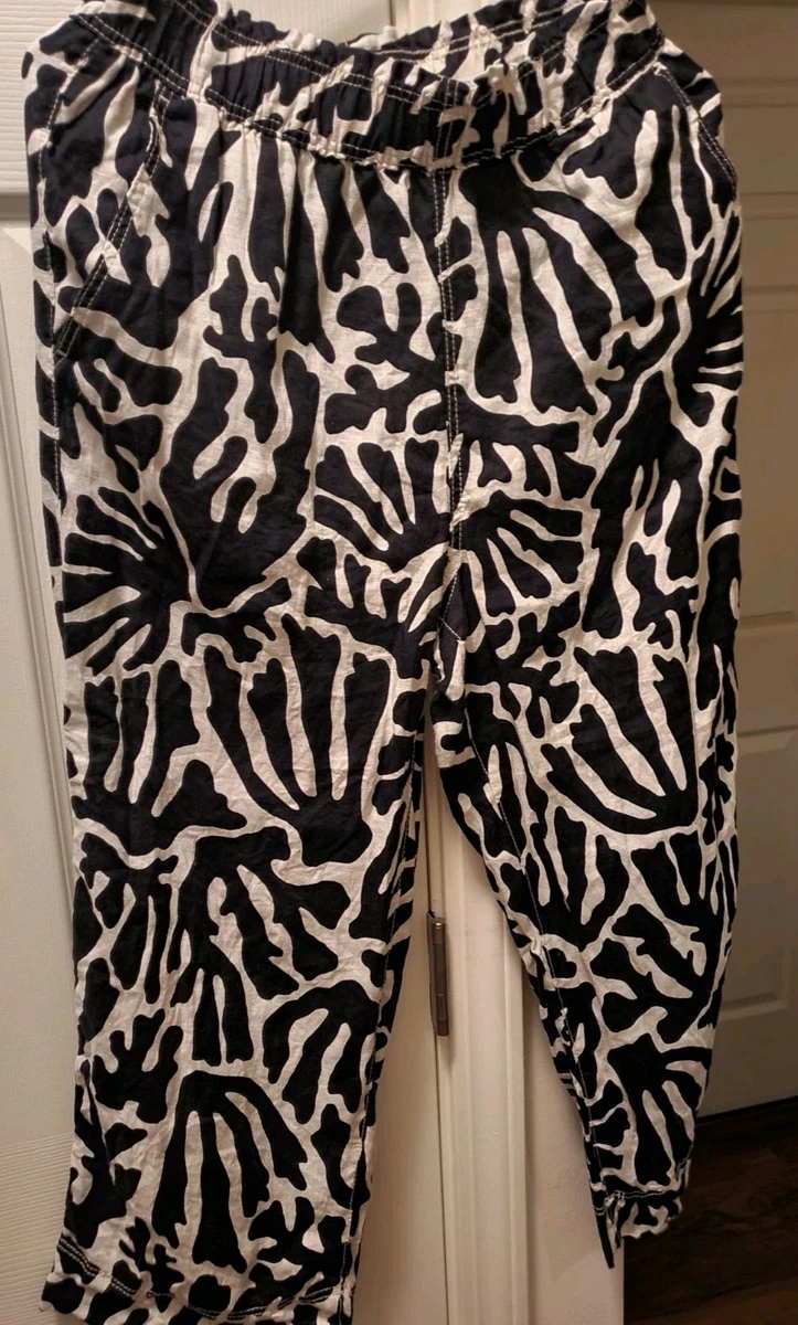 Pantalones al Tobillo H&M Lino Algodón Negro/Blanco Estampado Cebra Cordón Cintura Elástica S