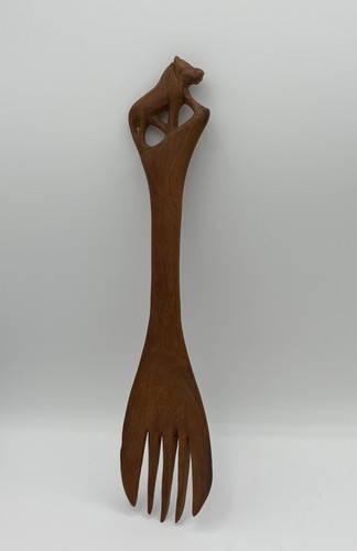 African Folk Lion Hand Carved Salad Serving Fork 12"
