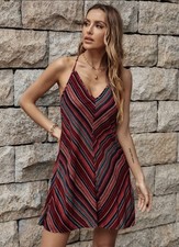 Womens Sundress Summer striped Wrap V Neck Backless A-Line large 