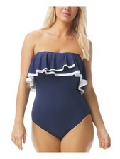 CONTOURS Women's Navy Removable Straps Ruffled One Piece Swimsuit 12 36C