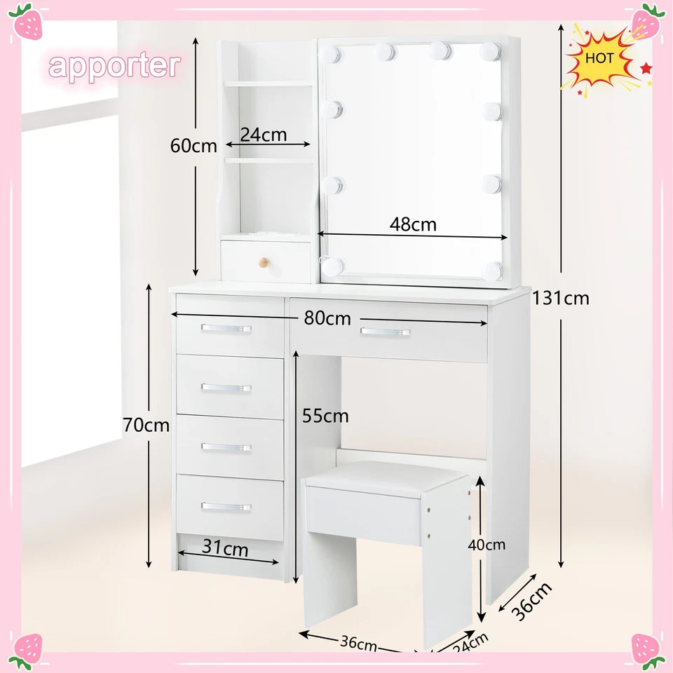 10 LED Bulbs Mirror Vanity Dressing Desk, NEW Makeup Dresser Table With USB Port - Image 4 of 4