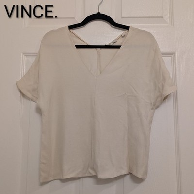 Women's Vince. Cream Short Sleeve V-Neck Top Blouse M Basic Essential Minimalist