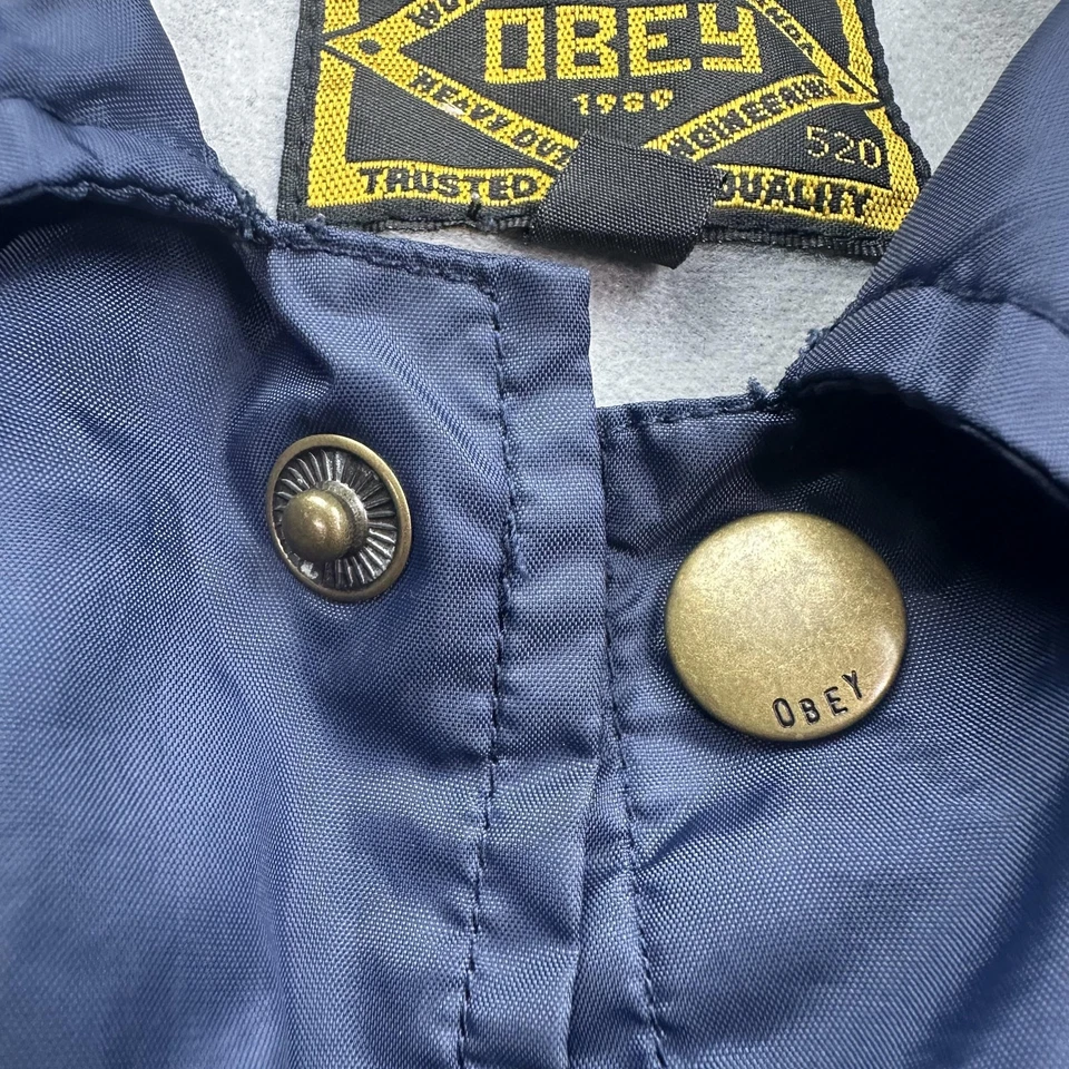OBEY Jacket Mens Medium Blue Nylon Fleece Lined Snap Front Workwear Coach Raglan - Image 3 of 4