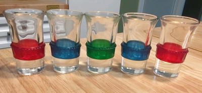 5 Vtg Celluloid Band Tsing Tao Shot glass Green Red Blue Blade Runner Star Trek