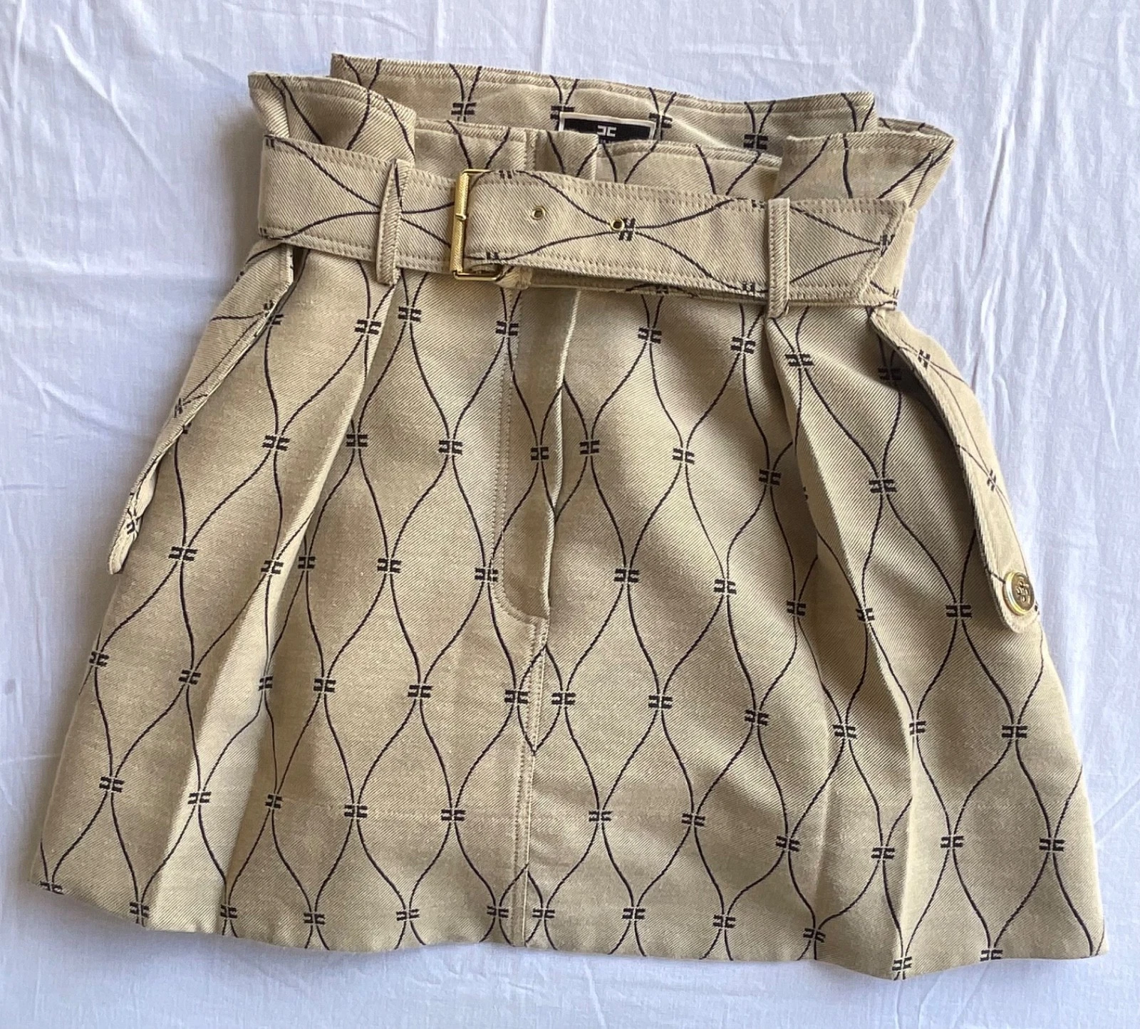 Elisabetta Franchi Beige Black Monogram Mini Skirt Belted High Waist IT 40 Italy