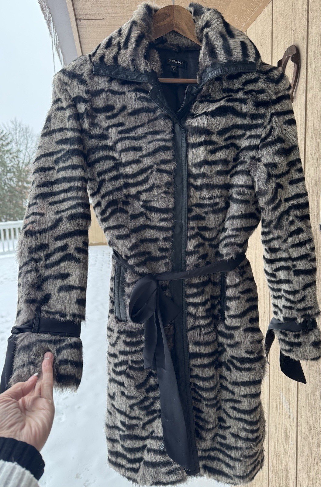 Vintage Bebe Dyed Rabbit Fur Coat Medium Tiger Stripe Print Leather Trim Belted