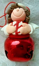 Christmas Ornament - HANDMADE CLAY ANGEL ATOP RED JINGLE BELL