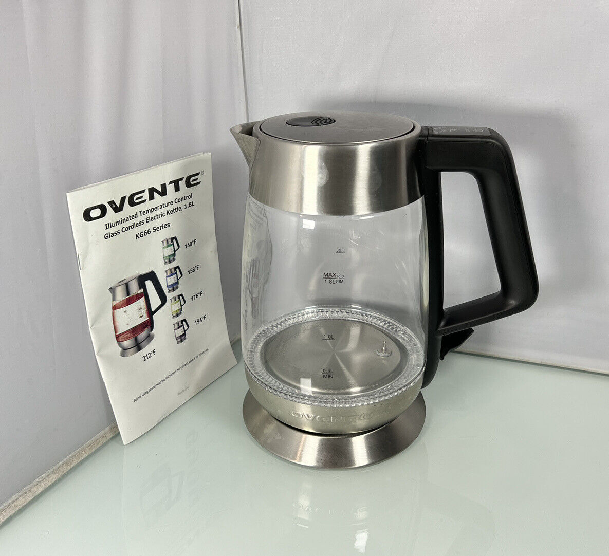 OVENTE 1.8 L Glass Electric Tea Kettle, Stainless Steel Infuser, Automatic  Shut Off, Silver KG661S 
