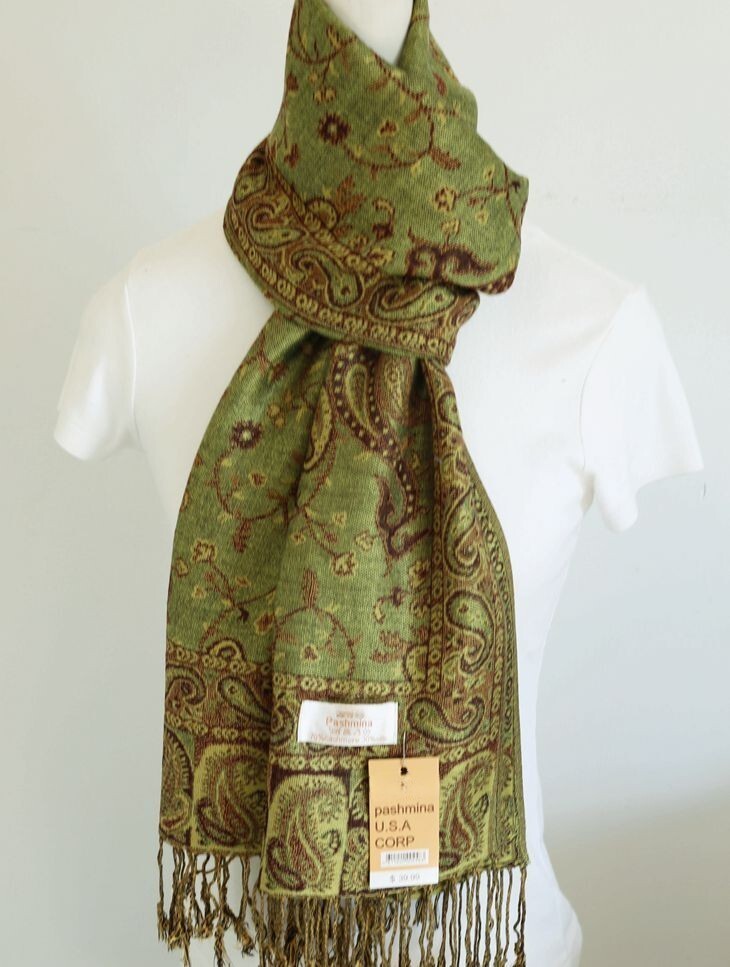 Women's Pashmina,Scarf Shawl,Paisley,Green Brown,Silk Cashmere,Soft Winter