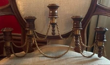 Vintage MCM Empire Style Wood and Brass Candelabra Candle Holder for 5 Candles 