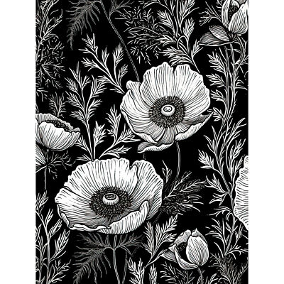Mohn wild Blumenmuster schwarz-weiß Linolschnitt Leinwand Poster Druck Wandbild