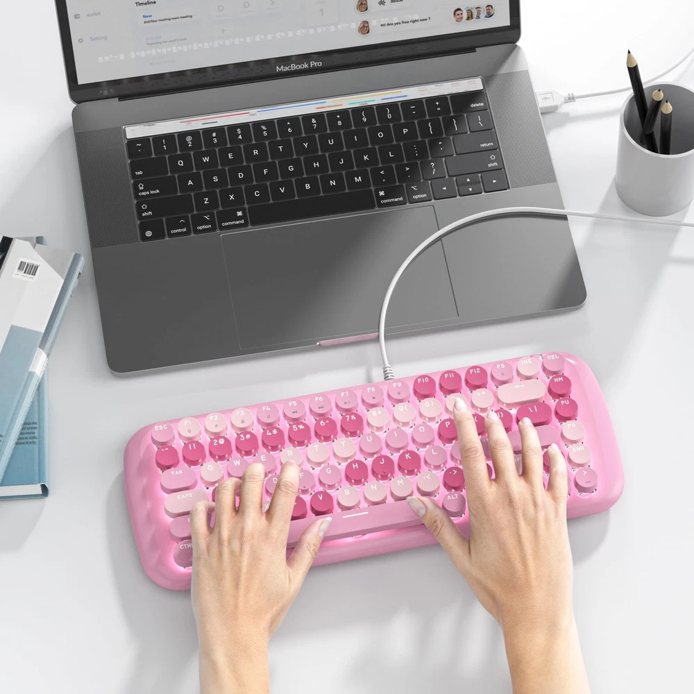 Pink Retro 75% Mechanical Keyboard with White Backlight and 84 Keys