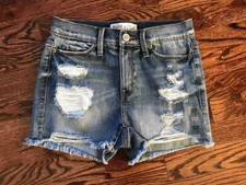 MUDD FLX Stretch High Rise Shortie Shorts DISTRESSED Size 3, Med Dark Wash, NEW