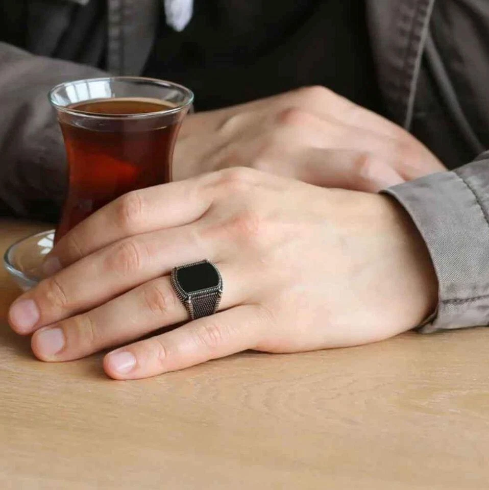 Турецкое модное мужское винтажное кольцо с натуральным агатом черным камнем серебро 925 пробы - Изображение 2 из 4