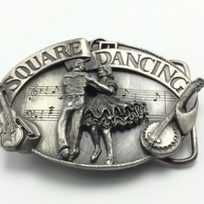 1985 Square Dancing Belt Buckle Pewter Siskiyou Brand Made In USA Banjo Guitar