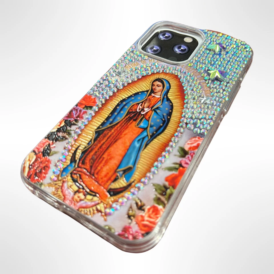 Funda híbrida impresa en 3D Virgen Guadalupe Diamante para iPhone 15 Pro Max Plus Foto 2 de 4