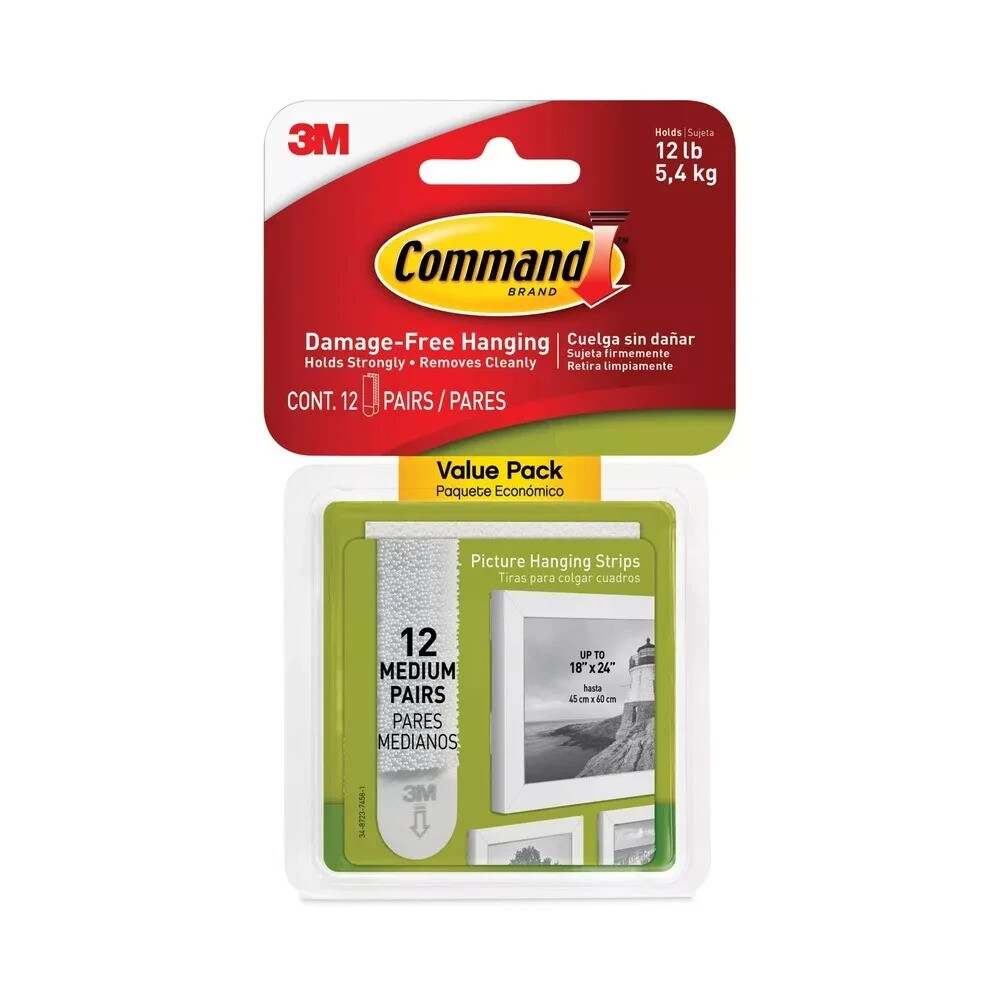 3M 17204-12ES White Damage-Free Command Picture Hanging Strips Value Pack Medium