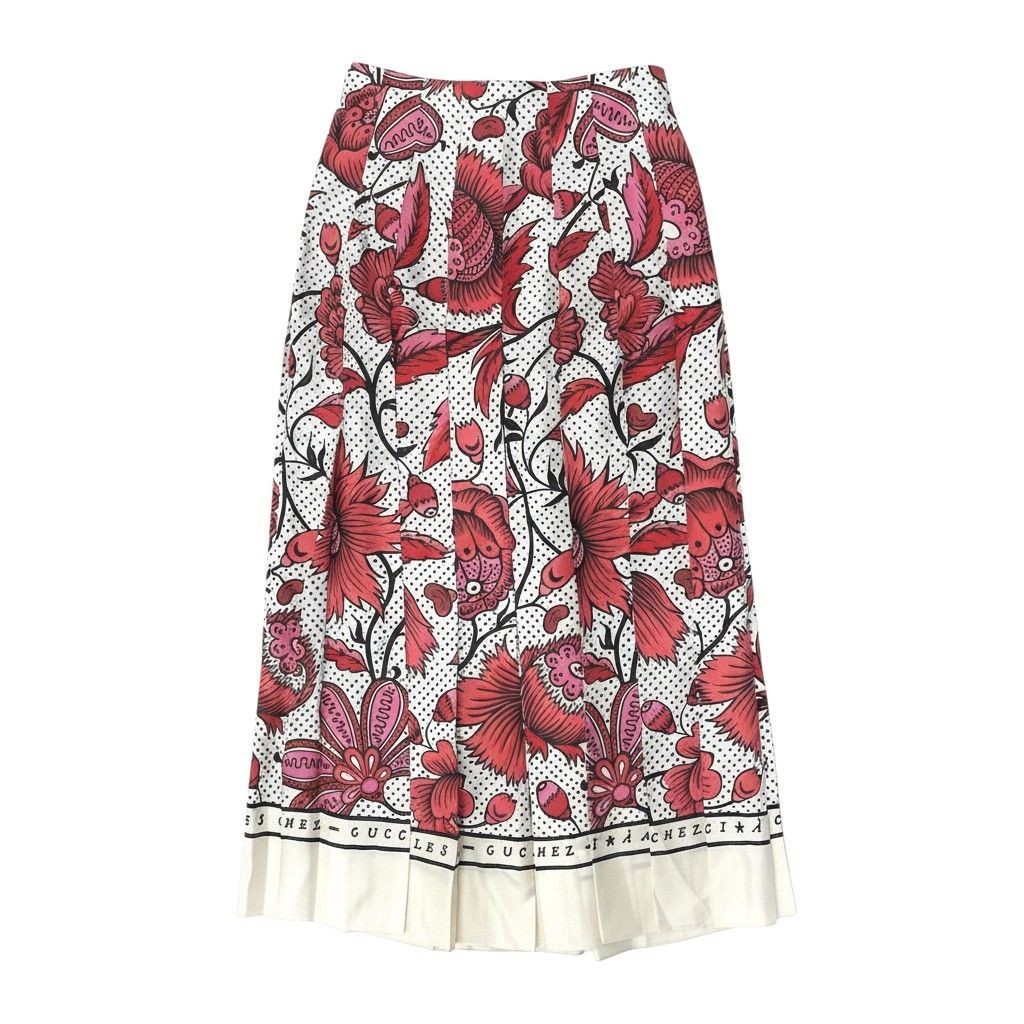 Gucci Floral Pleated Long Skirt Silk Red Size 36 Used