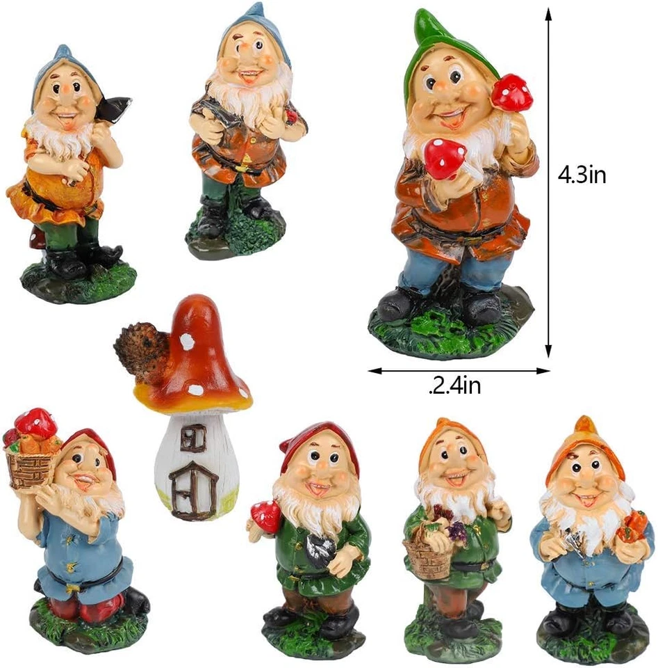 Mini conjunto de jardim de fadas gnomos estátua de sete anões com cogumelos e ferramentas (8 peças) - Imagem 3 de 4