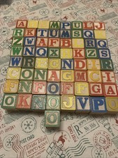  Lot 65 Vintage Wooden Toy Stacking Building Blocks Alphabet, Letters, Numbers