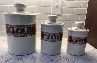 Kromex Metal Kitchen Canister Set Vintage MCM Coffee Tea Sugar Cream & Brown