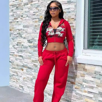 Ed Hardy Y2k Tracksuit Set Croped Zip Up Hoodie And Sweatpants