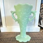 Vintage Jadeite Green Vase With Raised Floral Design 6 1/4” high W/Handles