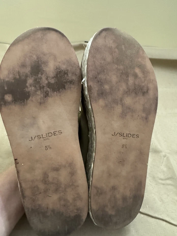 J Slides Bonnie Leather Gold Metallic Double Buckle Platform Mules 8.5 - Image 4 of 4