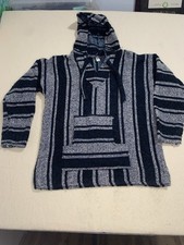 Mexican Baja Hoodie Poncho Navy Blue And White