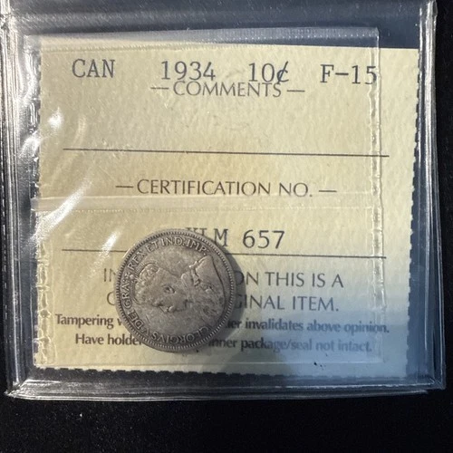 1934 Canada Ten Cent 10c Silver Coin - ICCS F15 - No Reserve