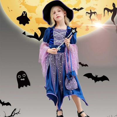 Kinder Hexen Kostüm Mädchen Karneval Halloween Anzug mit Hut Süßigkeiten Tasche