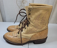 Women s VTG Larry Mahan Tooled Brown/Tan Leather Boots Size 8M Lace Up