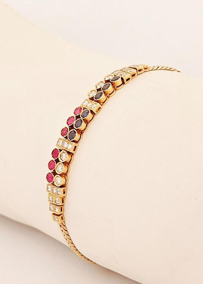 Brazalete vintage de oro macizo de 14k rubí genuino, zafiro y diamantes 6,5" Foto 3 de 4