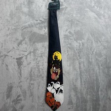 Vintage 90s Looney Tunes Mania Neck Tie Halloween Taz Ghost Jack O Lantern