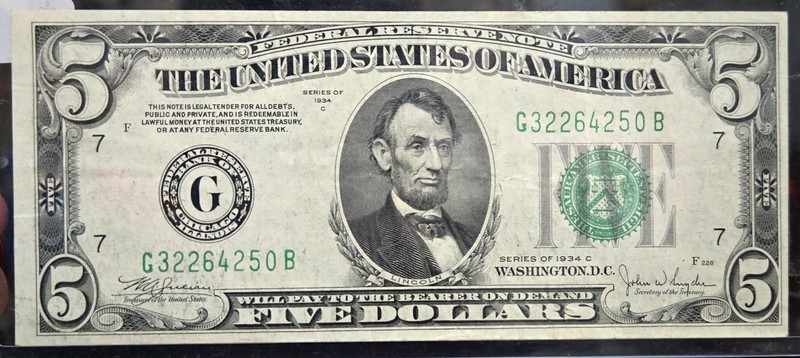 1934-C Uncirculated $5 & 1934-A AU $10 & 1934 Uncirculated $20 Fed Reserve Notes