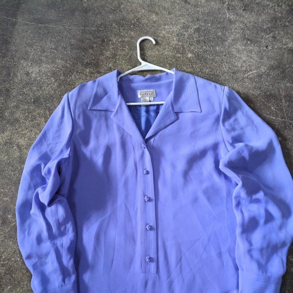 Nuevo Vestido Camisa Adrianna Papell Talla 16 Azul Seda Manga Larga Diseñador Años 90 Foto 2 de 4