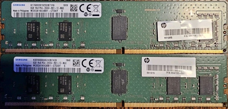 Lot of 2 - Samsung M393A1K43BB1-CTD6Y 8GB 1Rx8 PC4-2666V DDR4 ECC RAM Memory