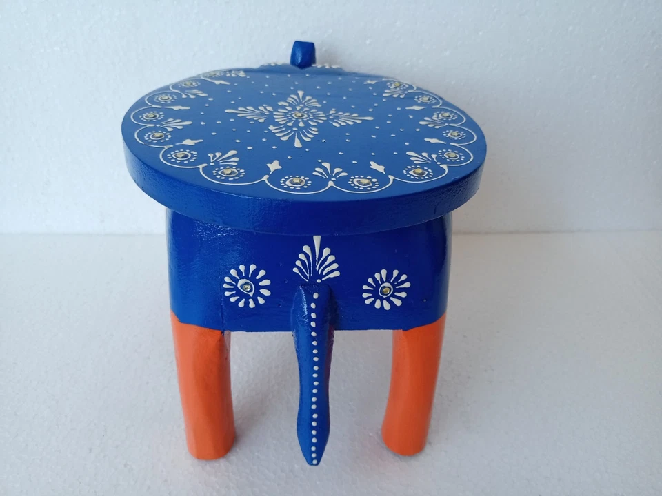 Handmade Elephant shape Hand painted Brass Wooden Stool Cum Side Table Furniture - Image 4 of 4