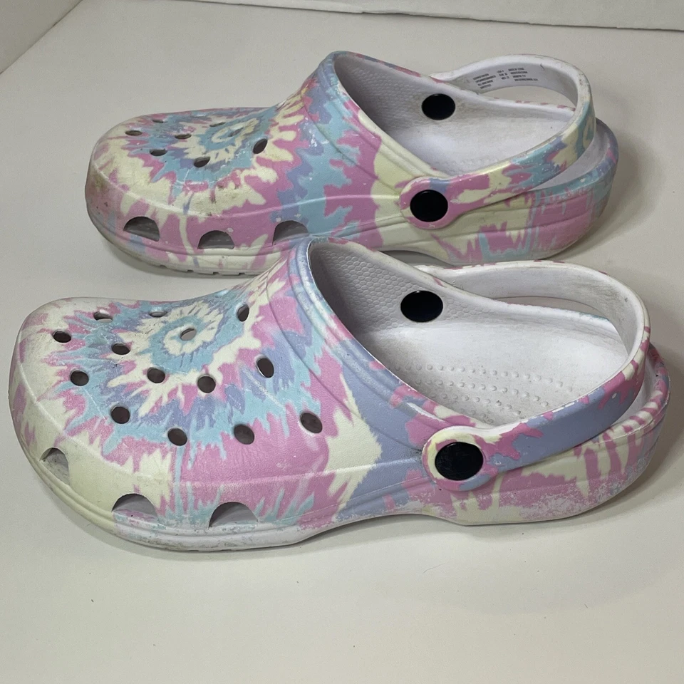 Niños Crocs Mármol Tie-Dye Pastel Amarillo/Verde Púrpura Azul Talla Junior 3 4 Logo Foto 4 de 4