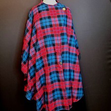 Vintage Wool Cape Poncho Burgundy Blue Plaid Button Front OSFM Canada