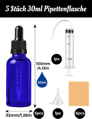 5pcs 50ml 30ml Pipettenflasche Apothekerflasche   Blauglasflasche Tropfflasche