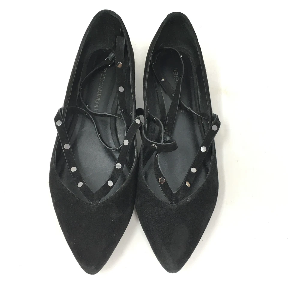 Zapatos planos de ballet con cordones Rebecca Minkoff para mujer talla 7,5 negros de gamuza con tachuelas Foto 4 de 4