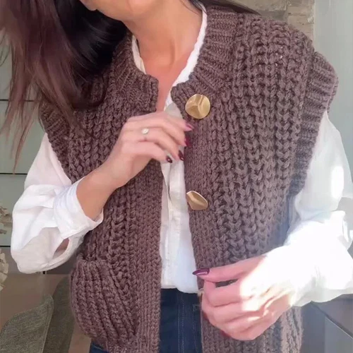 Suéter cárdigan de manga larga con bolsillos lisos con cuello en O informal de un solo pecho para mujer - Imagen 14 de 26