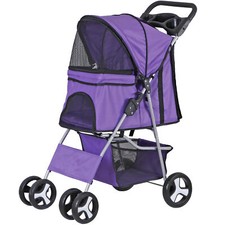 4 Wheel Pet Stroller For Cat Dog and More Foldable Carrier Strolling Cart Purple